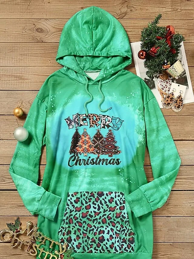 Women's Casual Dress Christmas Dress Hoodie Dress Leopard Tree Pocket Print Hooded Mini Dress Fashion Streetwear Outdoor Christmas Long Sleeve Regular Fit Green Fall Winter S M L XL XXL 4 Women's Casual Dress Christmas Dress Hoodie Dress Leopard Tree Pocket Print Hooded Mini Dress Fashion Streetwear Outdoor Christmas Long Sleeve Regular Fit Green Fall Winter S M L XL XXL - Image 2