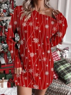 Women's Christmas Dress Sweatshirt Dress Mini Dress Warm Fashion Outdoor Christmas Holiday Crew Neck Print Christmas Tree Loose Fit Black Wine Red S M L XL XXL -Tesla Style gukevb1697543055319
