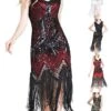 Women‘s Halloween Dress Retro 1920s Fringe Dress Midi Dress Party Outdoor Sequins Tassel Fringe Plain V Neck Sleeveless Regular Fit Summer Spring 2023 Claret Black S M L XL -Tesla Style gumpsn1677209902141