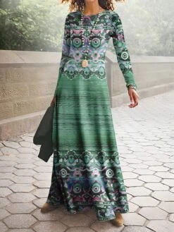 Women's Work Dress Casual Dress A Line Dress Mature Winter Dress Daily Long Dress Maxi Dress Print Crew Neck Long Sleeve Stripe Tribal Regular Fit Blue Brown Green Fall Winter S M L XL XXL -Tesla Style gupgrr1694426148113