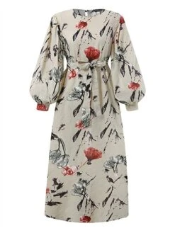 Women's Work Dress Sheath Dress Semi Formal Dress Fashion Long Dress Maxi Dress Print Crew Neck Long Sleeve Floral Loose Fit Army Green Apricot Fall Winter S M L XL XXL -Tesla Style guyebx1693374195806