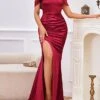 Women's Prom Dress Party Dress Satin Dress Long Dress Maxi Dress Wine Blue Short Sleeve Pure Color Ruched Spring Fall Winter Off Shoulder Fashion Birthday Evening Party Wedding Guest 2023 S M L -Tesla Style gvadtl1692612477293