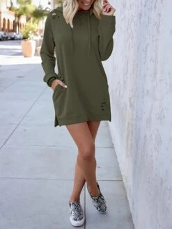 Women's Casual Dress Hoodie Dress Plain Dress Mini Dress Pocket Ripped Outdoor Daily Going Out Active Fashion Hooded Long Sleeve 2023 Loose Fit Pink Khaki Army Green Color S M L XL Size -Tesla Style gvaobz1694487460201