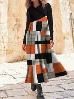 Women's Work Dress Casual Dress Swing Dress Fashion Winter Dress Daily Long Dress Maxi Dress Button Print V Neck Long Sleeve Geometric Plaid Regular Fit Pink Orange Green Fall Winter S M L XL XXL -Tesla Style gvtjqy1695264757264
