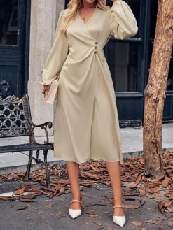 Women's Party Dress Cocktail Dress Satin Dress Midi Dress Champagne Brown Green Long Sleeve Pure Color Ruched Fall Winter Autumn Shirt Collar Fashion Wedding Guest Birthday Vacation 2023 S M L XL -Tesla Style gvtjze1696077352861