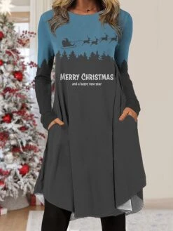 Women's Christmas Work Dress Casual Dress Fashion Winter DressDaily Midi Dress Pocket Print Crew Neck Long Sleeve Letter Santa Claus Regular Fit Black Wine Blue Fall Winter S M L XL XXL -Tesla Style gvusdl1695633434311