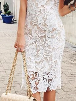 Women's Party Dress Lace Dress Bodycon Midi Dress White Sleeveless Pure Color Lace Summer Spring Spaghetti Strap Stylish Party Spring Dress Slim 2023 S M L XL -Tesla Style gvxdep1650426998994