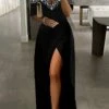 Women‘s Party Dress Black Dress Formal Dress Formal Evening Party Graduation Long Dress Maxi Dress Fashion Party V Neck Short Sleeve Patchwork Split 2023 Black Pure Color S M L XL 2XL -Tesla Style gwiljy1675414929391