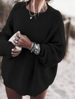 Women's Sweater Dress Jumper Dress Knit Dress Mini Dress Warm Pure Color Outdoor Casual Going Out Crew Neck Long Sleeve 2023 Loose Fit Black Pink Red S M L XL -Tesla Style gwmhst1694166182649