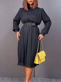 Women's Work Dress Casual Dress Black Dress Fashion Office Daily Workfashion Midi Dress Lace Up Pleated Crew Neck Long Sleeve Plain Regular Fit Black White Red Fall Winter S M L XL XXL -Tesla Style gwsiya1695645184690