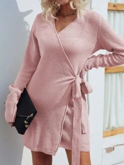 Women's Sweater Dress Jumper Dress Casual Dress Mini Dress Fashion Pure Color Outdoor Daily Vacation Going Out V Neck Long Sleeve Lace Up Patchwork 2023 Regular Fit Pink Khaki Dark Gray S M L XL -Tesla Style gwtofb1693994026084