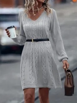 Women's Sweater Dress Jumper Dress Casual Dress Mini Dress Warm Pure Color Outdoor Casual Daily Going Out V Neck Long Sleeve 2023 Loose Fit Gray XL XXL 3XL -Tesla Style gybyxh1695643782148