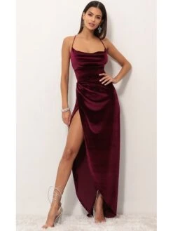 Women‘s Party Dress Wedding Guest Dress Velvet Dress Red Long Dress Maxi Dress Purple Red Wine Sleeveless Pure Color Lace Up Split Velvet Spring Summer Spaghetti Strap Elegant Sexy Slim S M L XL XXL -Tesla Style gyhtmg1625477183823