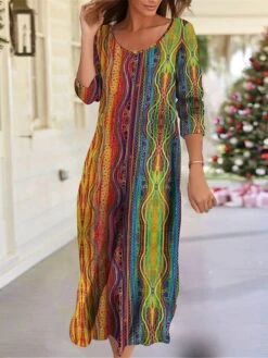 Women's Work Dress Casual Dress A Line Dress Fashion Winter Dress Daily Midi Dress Print Crew Neck Long Sleeve Floral Geometric Regular Fit Wine Red Green Fall Winter S M L XL XXL -Tesla Style gywpju1694660965526