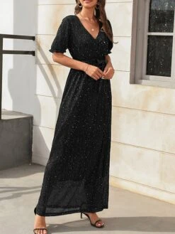 Women's Long Dress Maxi Dress Party Dress Formal Dress Summer Dress Pure Color Streetwear Modern Party Outdoor Holiday Lace Up Split Short Sleeve V Neck Dress Loose Fit Black Red Blue Summer Spring S -Tesla Style gzmyly1678860557819