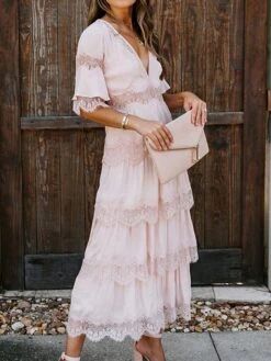 Women's Party Dress Lace Dress White Dress Midi Dress Black Pink White Half Sleeve Pure Color Lace Spring Summer V Neck S M L XL XXL -Tesla Style gznhtm1630555191415