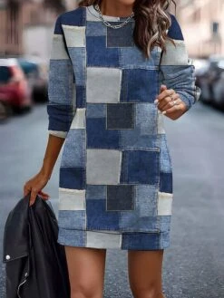 Women's Casual Dress Sweatshirt Dress Mini Dress Warm Fashion Outdoor Vacation Going Out Crew Neck Print Geometric Loose Fit Royal Blue Blue Brown S M L XL XXL