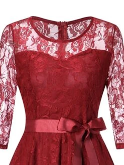 Women's Party Dress Lace Dress Wedding Guest Dress Midi Dress Wine Navy Blue 3/4 Length Sleeve Pure Color Lace Summer Spring Fall Crew Neck Fashion Party Wedding Guest Vacation 2022 S M L XL XXL -Tesla Style gzqphh1631861637085