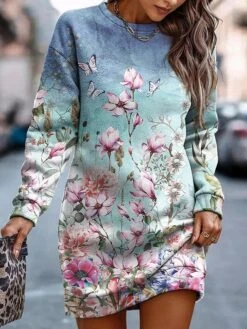 Women's Casual Dress Sweatshirt Dress Winter Dress Floral Print Crew Neck Mini Dress Fashion Streetwear Outdoor Daily Long Sleeve Loose Fit Blue Fall Winter S M L XL XXL