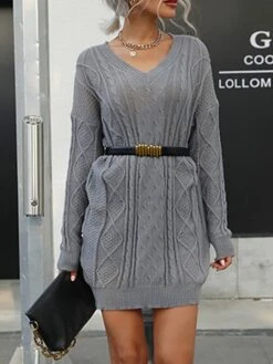 Women's Sweater Dress Jumper Dress Casual Dress Mini Dress Warm Pure Color Outdoor Casual Daily Going Out V Neck Long Sleeve 2023 Loose Fit Gray S M L -Tesla Style hafrat1695194442551