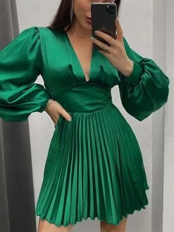 Women's Party Dress Satin Dress Swing Dress Mini Dress Claret Black Blue Long Sleeve Pure Color Pleated Fall Winter Autumn V Neck Stylish Party Winter Dress Birthday 2023 S M L XL 2XL -Tesla Style hahavi1666175473872