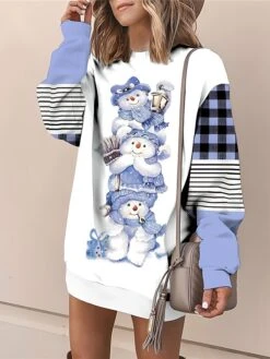 Women's Christmas Casual Dress Sweatshirt Dress Mini Dress Warm Fashion OutdoorVacation Crew Neck Print Geometric Print Loose Fit Pink Blue Green S M L XL XXL
