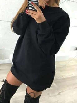 Women's Casual Dress Sweatshirt Dress Mini Dress Active Fashion Outdoor Sport Going Out Crew Neck Solid Color Loose Fit Black White Pink S M L XL -Tesla Style havmoe1694427872668