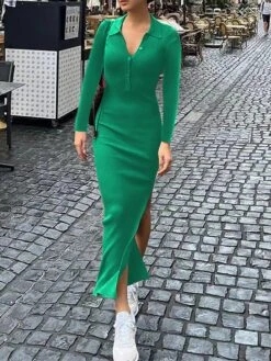 Women's Sweater Dress Winter Dress Jumper Dress Long Dress Maxi Dress Button Street Daily Holiday Fashion Streetwear Shirt Collar Long Sleeve 2023 Regular Fit Black Red Blue Color S M L Size -Tesla Style haxpil1692938958554