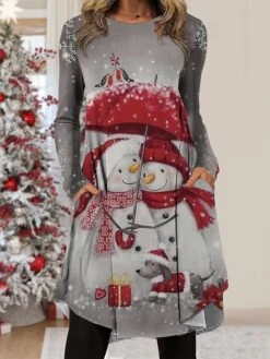 Women's Work Dress Casual Dress Fashion Winter Dress Christmas Daily Midi Dress Pocket Print Crew Neck Long Sleeve Snowman Christmas Tree Regular Fit Black Blue Gray Fall Winter S M L XL XXL -Tesla Style hbesmo1695887828908