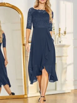 Women's Party Dress Lace Dress Cocktail Dress Midi Dress Pink Navy Blue Fuchsia 3/4 Length Sleeve Pure Color Lace Spring Fall Winter Off Shoulder Fashion Winter Dress Wedding Guest Vacation 2023 S M -Tesla Style hbfmyw1692179136985