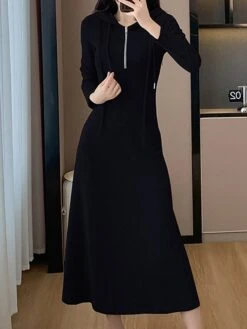 Women's Casual Dress Hoodie Dress Midi Dress Fashion Daily Outdoor Vacation Going Out Hoodie Zipper Solid Color Regular Fit Black Gray S M L XL -Tesla Style hbslse1696674372056