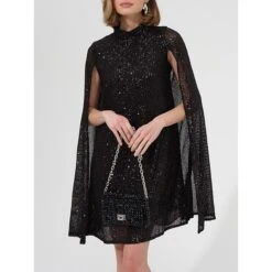 Women's Party Dress Sequin Dress Cocktail Dress Mini Dress Black Long Sleeve Pure Color Sequins Spring Fall Winter Stand Collar Fashion Wedding Guest Vacation Summer Dress 2023 S M L XL XXL 3XL -Tesla Style hcjqko1695633820114