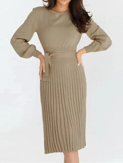 Women's Sweater Dress Jumper Dress Casual Dress Midi Dress Fashion Plain Outdoor Daily Going Out Crew Neck Long Sleeve Ruched 2023 Regular Fit Black Green Khaki S M L XL XXL