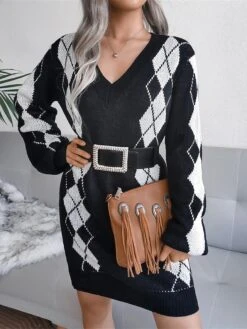 Women's Sweater Dress Winter Dress Jumper Dress Mini Dress Ruched Daily Date Going Out Active Fashion V Neck Long Sleeve 2023 Loose Fit Black White Sky Blue Color S M L Size