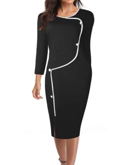 Women's Work Dress Sheath Dress Fashion Midi Dress Button Crew Neck 3/4 Length Sleeve Plain Slim Black Blue Summer Spring S M L XL XXL -Tesla Style hcsnlq1684322608279