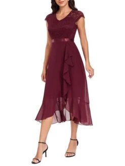 Women's Party Dress Lace Dress Cocktail Dress Midi Dress Black Wine Navy Blue Short Sleeve Pure Color Lace Spring Fall Winter V Neck Fashion Winter Dress Wedding Guest Vacation 2023 S M L XL XXL -Tesla Style hcxhrk1692179099465