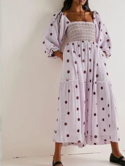 Women's Work Dress Casual Dress Swing Dress Fashion Winter Dress Daily Flared Sleeve Long Dress Maxi Dress Ruched Print Square Neck 3/4 Length Sleeve Floral Loose Fit Black Pink Royal Blue Fall Winter -Tesla Style hcyeyc1695645219997