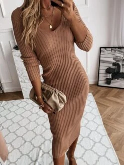 Women‘s Sweater Dress Winter Dress Sheath Dress Midi Dress Black Red Blue Long Sleeve Pure Color Ruched Spring Fall Winter V Neck Fashion Vacation Fall Dress 2023 S M L XL XXL 3XL 4XL 5XL -Tesla Style hcylid1617866911573