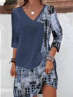 Women's Sweater Dress Winter Dress Jumper Dress Mini Dress Fashion Geometric Color Block Outdoor Daily Date Going Out V Neck Long Sleeve Print 2023 Regular Fit Blue Brown Green S M L XL XXL 3XL -Tesla Style hdhftc1691735833525