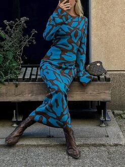 Women's Sweater Dress Winter Dress Jumper Dress Long Dress Maxi Dress Fashion Print Outdoor Daily Holiday Date Crew Neck Long Sleeve Print 2023 Slim Black Blue S M L -Tesla Style hdocee1692938915884