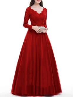 Women‘s Formal Party Dress Wedding Guest Dress Lace Dress Sheath Dress Long Dress Maxi Dress Red Long Sleeve Pure Color Lace Winter Fall Autumn V Neck Winter Dress Slim S M L XL -Tesla Style hdvjve1658901260278