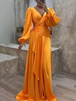 Women's Prom Dress Party Dress Satin Dress Long Dress Maxi Dress Orange Long Sleeve Pure Color Layered Spring Fall Winter V Neck Fashion Winter Dress Evening Party Wedding Guest 2023 S M L XL XXL 3XL -Tesla Style hdwcga1693391825589