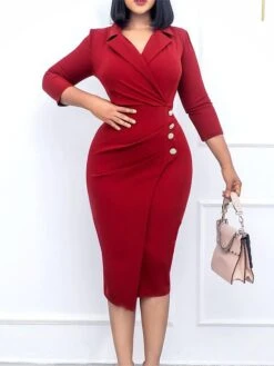 Women's Work Dress Blazer Dress Sheath Dress Fashion Winter Dress Office Daily Midi Dress Ruched Button Shirt Collar Long Sleeve Plain Regular Fit Black Red Green Fall Winter S M L XL XXL -Tesla Style hegrdo1695267068983