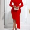 Women's Party Dress Cocktail Dress Wedding Guest Dress Midi Dress White Yellow Red Long Sleeve Pure Color Ruched Spring Fall Winter Crew Neck Fashion Winter Dress Wedding Guest Vacation 2023 S M L XL -Tesla Style hejanb1692676240458