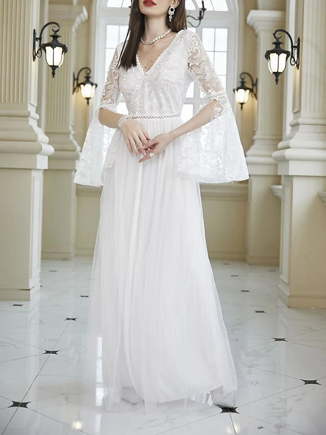 Women's Prom Dress Party Dress Lace Dress Long Dress Maxi Dress White Long Sleeve Pure Color Lace Summer Spring Fall V Neck Party Evening Party Wedding Guest Summer Dress 2023 S M L XL 7 Women's Prom Dress Party Dress Lace Dress Long Dress Maxi Dress White Long Sleeve Pure Color Lace Summer Spring Fall V Neck Party Evening Party Wedding Guest Summer Dress 2023 S M L XL - Image 5