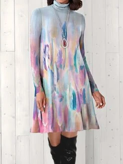Women's Work Dress Casual Dress Fashion Winter Dress Daily Mini Dress Print Turtleneck Long Sleeve Leaf Regular Fit Pink Blue Green Fall Winter S M L XL XXL -Tesla Style heykgw1694411704154