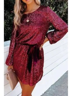 Women‘s Party Dress Wedding Guest Dress Sequin Dress Homecoming Dress Shift Dress Silver Gold White Long Sleeve Pure Color Sequins Winter Fall Autumn Crew Neck Party Winter Dress Birthday Loose Fit -Tesla Style hfhjlf1667202055932