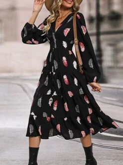Women's Work Dress Casual Dress Swing Dress Fashion Winter Dress Daily Midi Dress Button Split V Neck Long Sleeve Print Regular Fit Black Fall Winter S M L XL -Tesla Style hfkvwb1695096211517