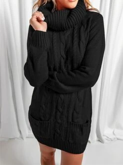 Women‘s Sweater Dress Winter Dress Jumper Dress Mini Dress Pocket Outdoor Street Daily Fashion Streetwear Turtleneck Long Sleeve 2023 Loose Fit Black Red Khaki Color S M L XL XXL Size -Tesla Style hflkxi1694056901487