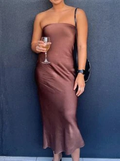Women‘s Prom Party Dress Wedding Guest Stain Maxi Long Dress Pink Yellow Brown Sleeveless Pure Color Backless Spring Summer Strapless Sexy Mature Party Slim 2023 S M L -Tesla Style hftoik1657621988820